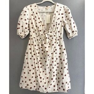 Sim & Sam Ivory Brown Polka Dot Puff Sleeve Tie Front Mini Dress Medium 52303DR